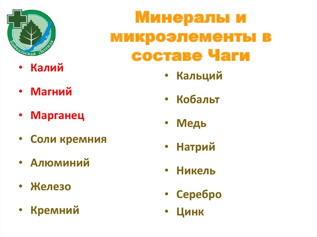 Минералы и микроэлементы в составе Чаги
