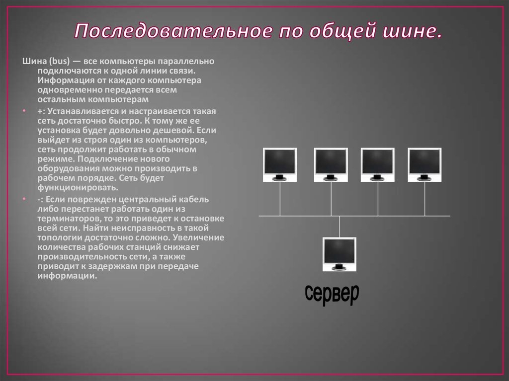 При построении сети по данной схеме каждый компьютер подсоединяется к общему кабелю на концах