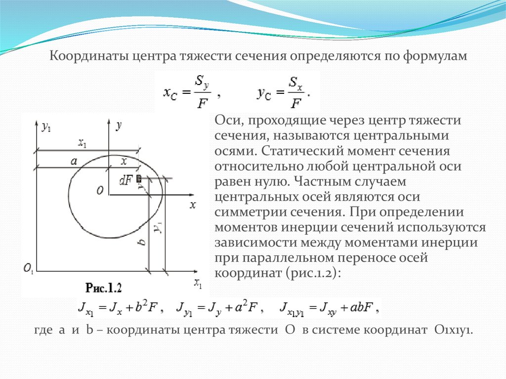 Центр тяжести плоского сечения. Определение координат центра тяжести сложных сечений. Формулы для определения координат центра тяжести сечения. Формула для определения центра тяжести сечения. Формула для определения координат центра тяжести плоского сечения.