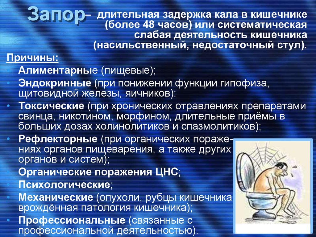 У пациента нет стула 48 часов. Длительная задержка кала в кишечнике.. Задержка кала в кишечнике более 48 часов. Запор — задержка стула более, ____ часов. Задержка стула в кишечнике более.