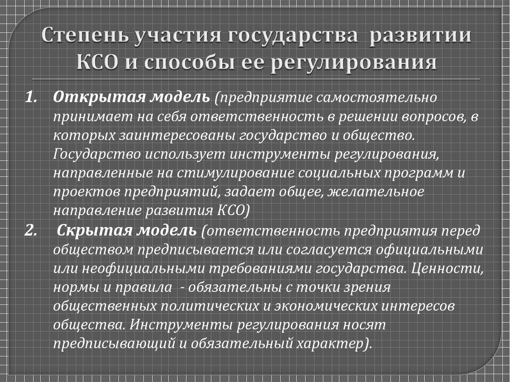 Роль ксо. Модели КСО. По степени участия государства. Исламская модель КСО. Роль государства в развитии и поддержании КСО.