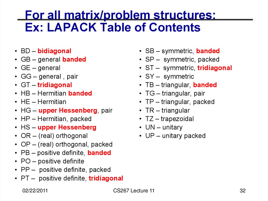 For all matrix/problem structures: Ex: LAPACK Table of Contents