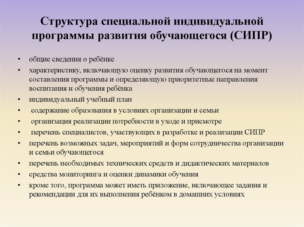 Специальная индивидуальная программа развития и индивидуальный учебный план включает в себя