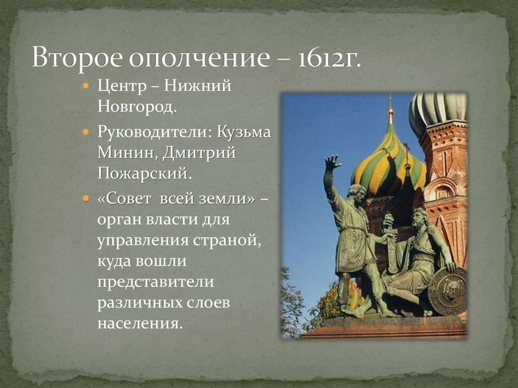 Где было второе ополчение. Нижний Новгород 1612 ополчение. Руководители второго народного ополчения в 1612.