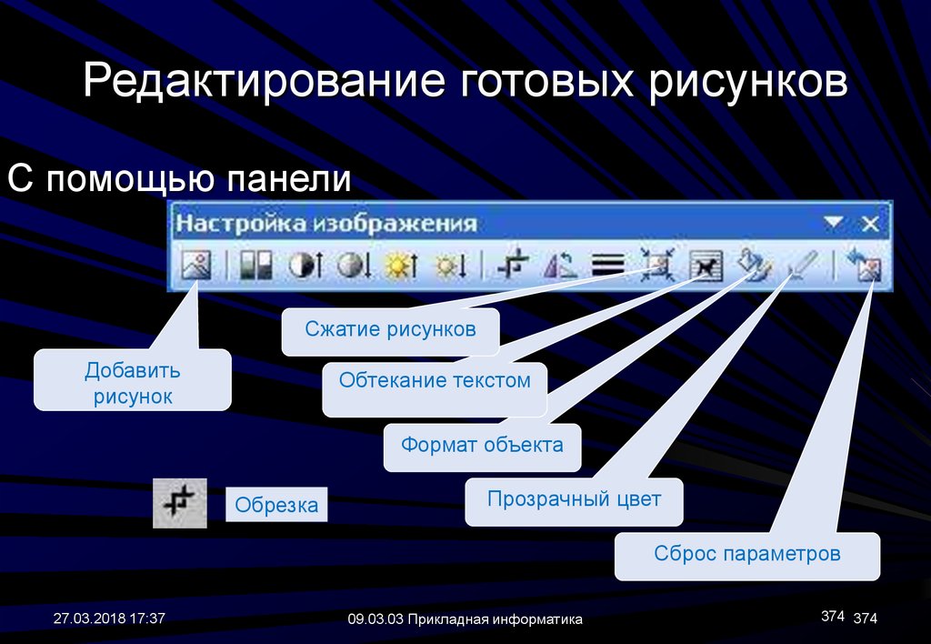 Формат объекта. Панель настроек изображения. Сброс параметров рисунка. Операции настройки изображения. Функции панели инструментов настройка изображения.