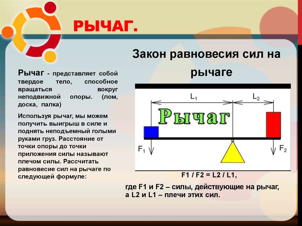 Действующие на рычаг. Закон рычага. Точка приложения рычага.