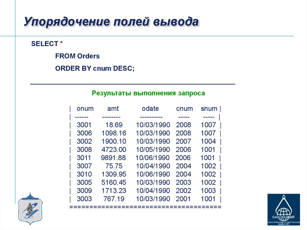 Упорядочение. CNUM, Odate, AMT. Поле вывода. Селект в списке вывода. Поле для выведения результатов.