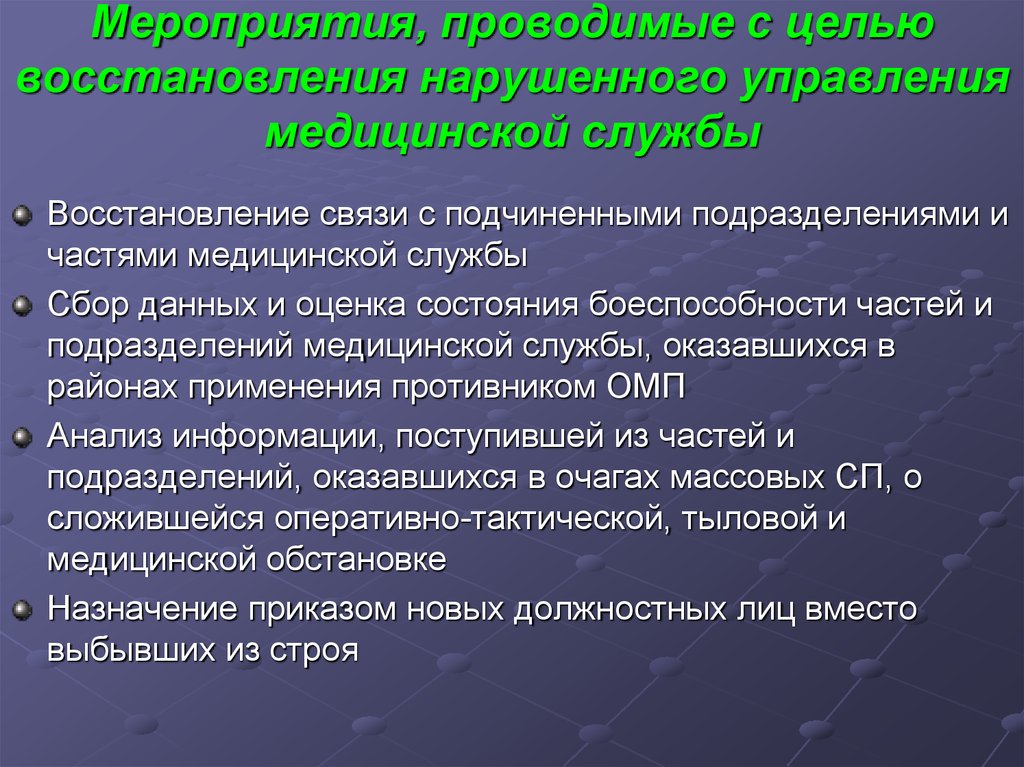 Восстановится на службу. Мероприятия по восстановлению нарушенных. Восстановление связи. Порядок восстановления нарушенного управления. Мероприятия проводимые по восстановлению нарушенного управления.