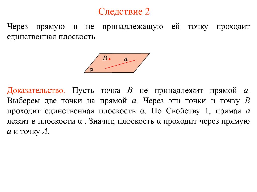 Через три точки проходит. Два следствия из аксиом стереометрии. Две точки прямой принадлежат плоскости. Если две точки прямой принадлежат плоскости то прямая. Через прямую и не принадлежащую ей точку проходит.