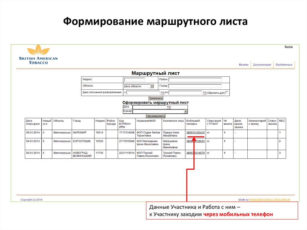 Карта для маршрутного листа