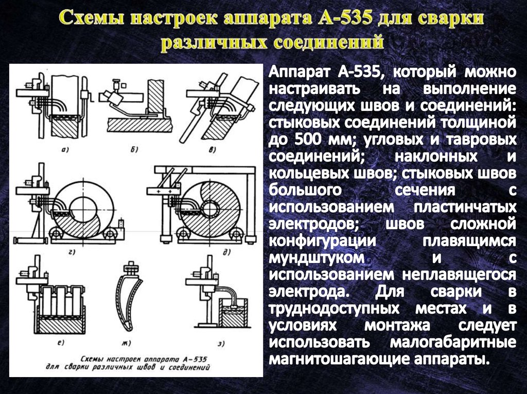 Схемы настроек аппарата А-535 для сварки различных соединений