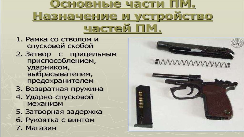 Автоматика пм. ТТХ пистолета Макарова 9 мм. ТТХ ПМ-9мм УСМ. Основные части УСМ пистолета Макарова. Ударно-спусковой механизм ПМ 9.