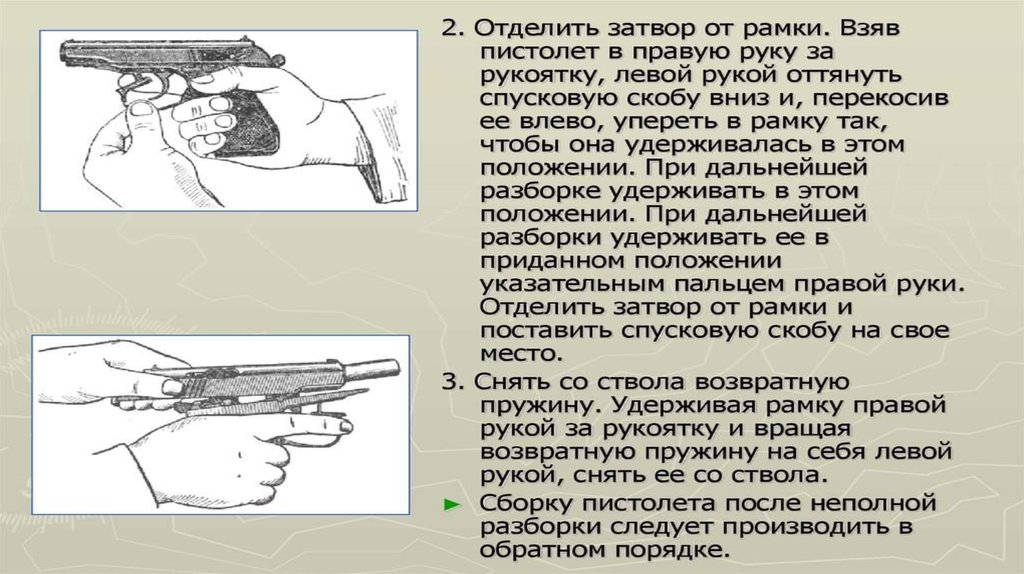 Неполная разборка пистолета Макарова. Порядок неполной разборки пистолета Макарова. Сборка оружия после неполной разборки. Работа автоматики пистолета