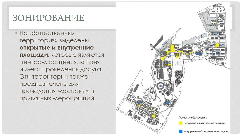 Внутренняя территория. Зонирование площади общественных мероприятий. Также на территории.