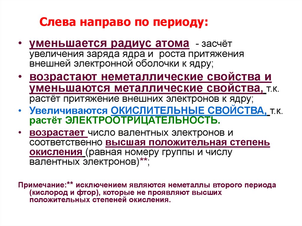 В периоде возрастает. По периоду слева направо. По периоду слева направо уменьшается. По периоду слева направо увеличивается. Свойства слева направо по периоду.