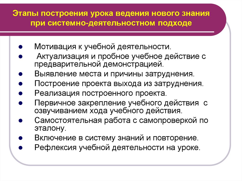 Этапы построения урока ведения нового знания при системно-деятельностном подходе