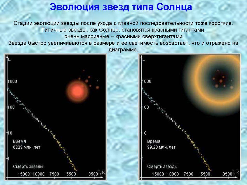 Стадии эволюции звезды после ухода с главной последовательности тоже короткие. Типичные звезды, как Солнце, становятся красными