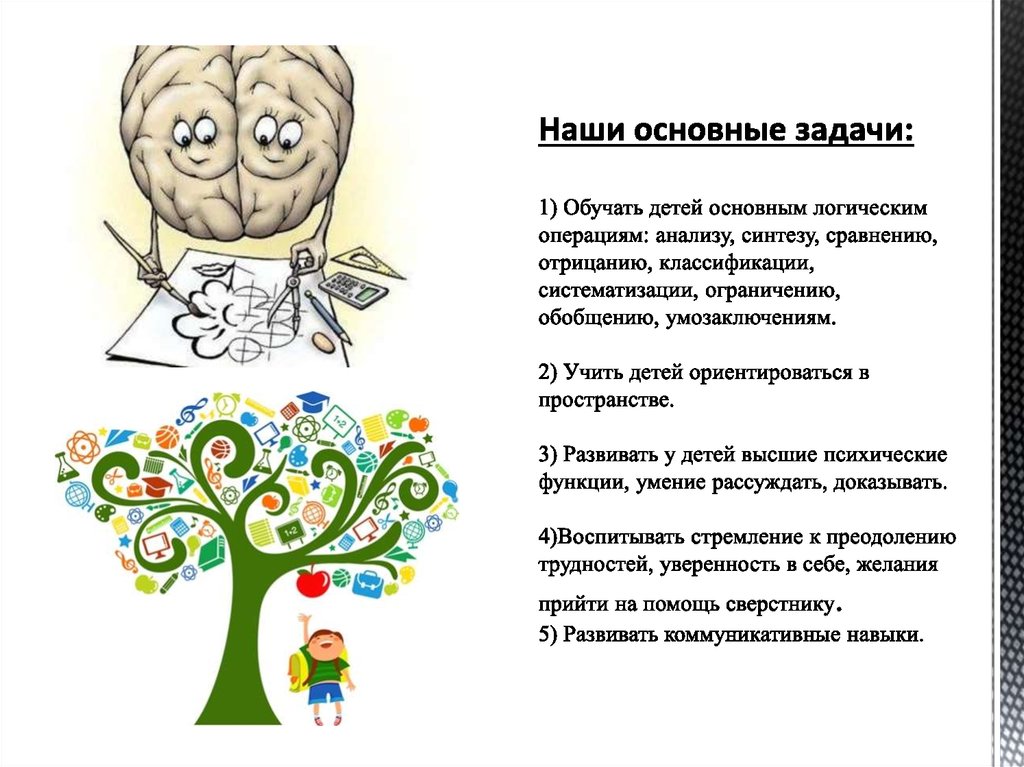 Наши основные задачи: 1) Обучать детей основным логическим операциям: анализу, синтезу, сравнению, отрицанию, классификации,