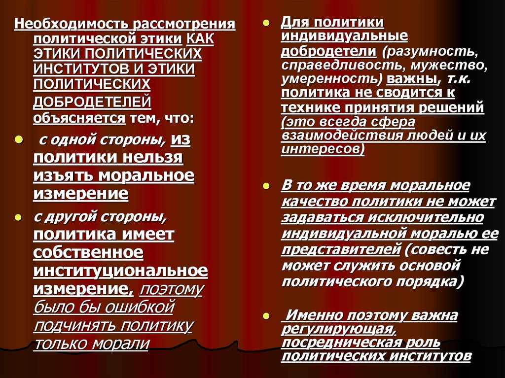 Рассмотрение необходимости. Политическая этика. Этики политических институтов и этики политических добродетелей. Этика политического лидера. Политическая культура и политическая этика.