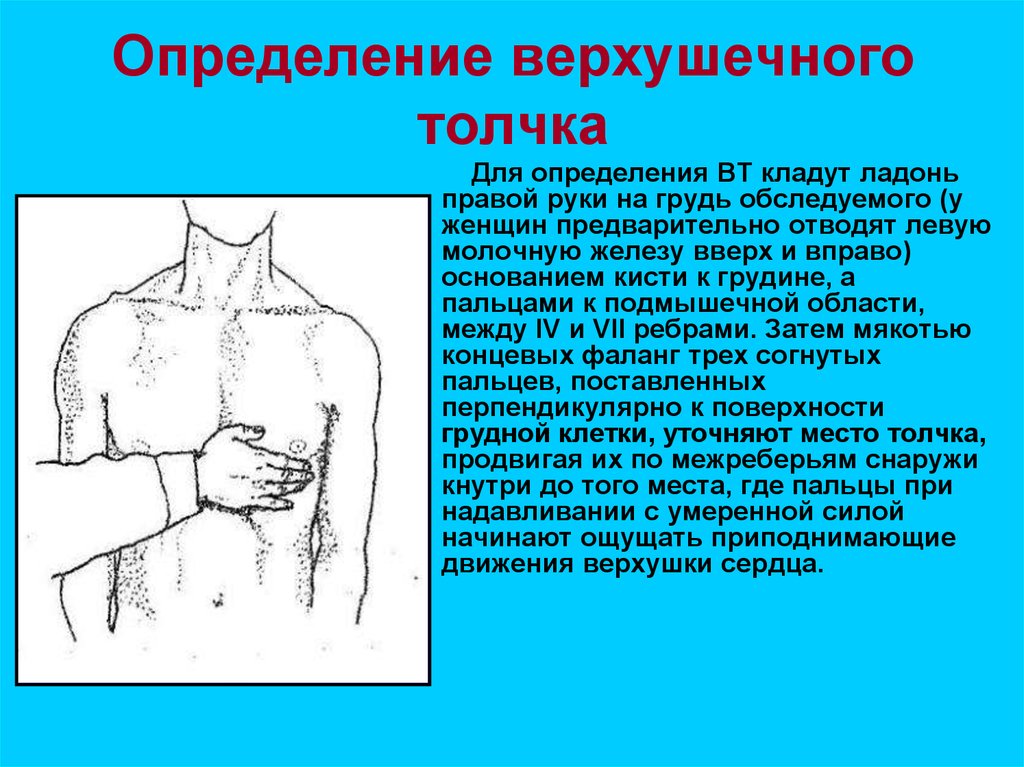 Место выявления. Методика пальпации верхушечного толчка. Методика определения сердечного толчка. Верхушечный толчок определяется в 5 межреберье. Пальпация области сердца верхушечный толчок алгоритм.