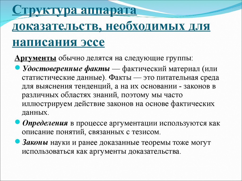 Удостоверяющие факты. Доказательный аппарат для написания эссе. Эссе по обществознанию структура Аргументы. Факты и Аргументы в эссе. Как писать эссе на основе фактической информации.