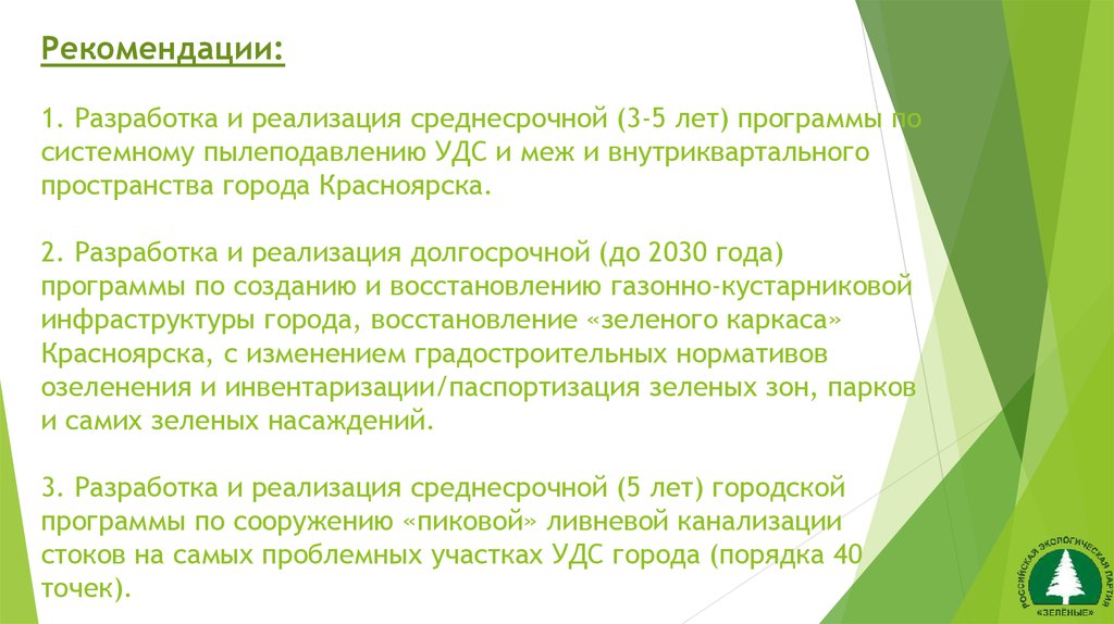 Рекомендации: 1. Разработка и реализация среднесрочной (3-5 лет) программы по системному пылеподавлению УДС и меж и