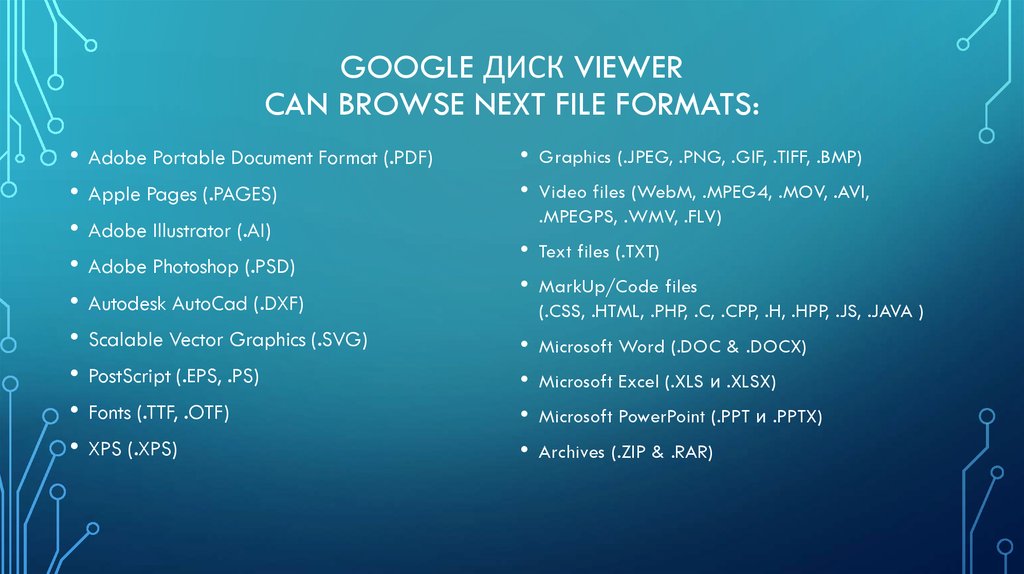 Google Диск viewer can browse next file formats: