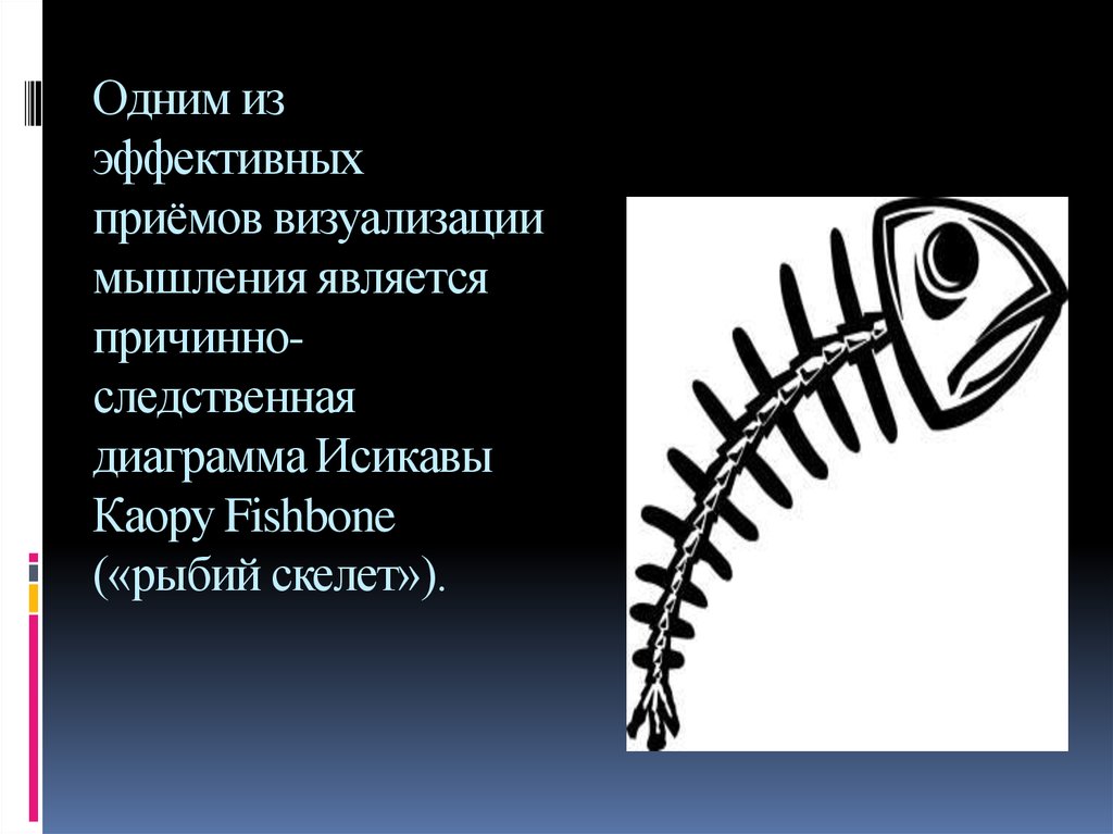 Одним из эффективных приёмов визуализации мышления является причинно-следственная диаграмма Исикавы Каору Fishbone («рыбий
