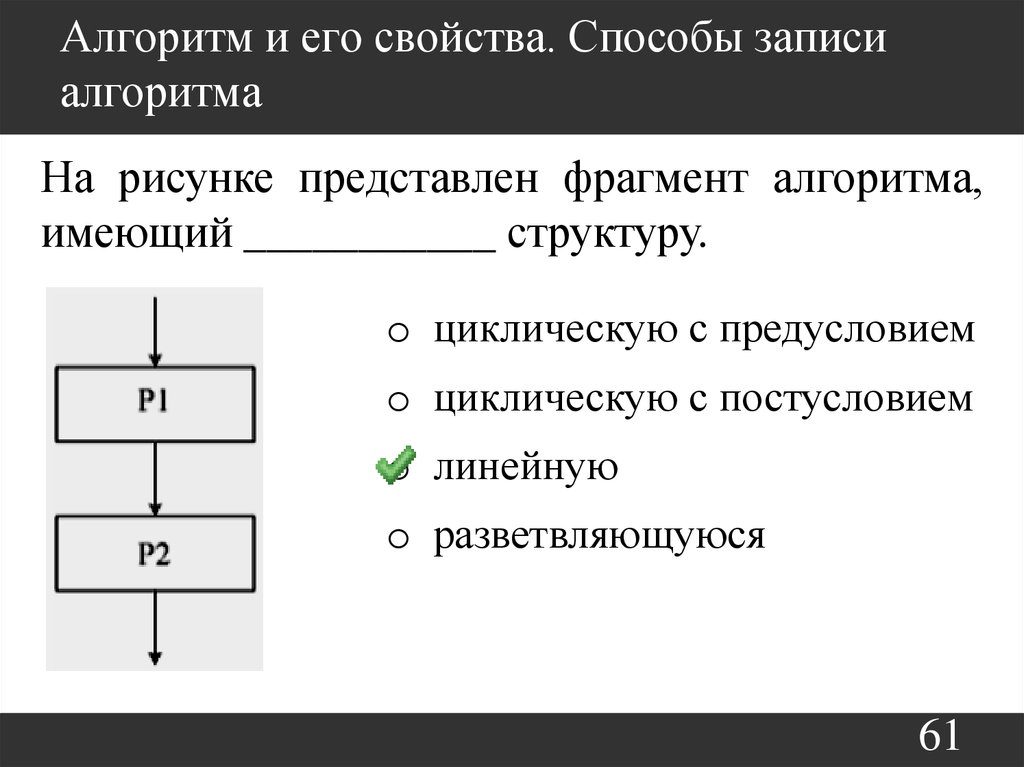 Алгоритмов представлена на рисунке. На рисунке представлен фрагмент алгоритма имеющий структуру. Структура фрагмента алгоритма, представленного на рисунке –. Свойства записи алгоритма. Алгоритм и его свойства способы записи алгоритмов.