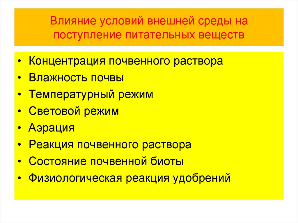 Какие условия внешней. Концентрация почвенного раствора. Влияние условий внешней среды на питание. Недостаток поступления питательных веществ. Воздушно наземная среда поступление питательных веществ.