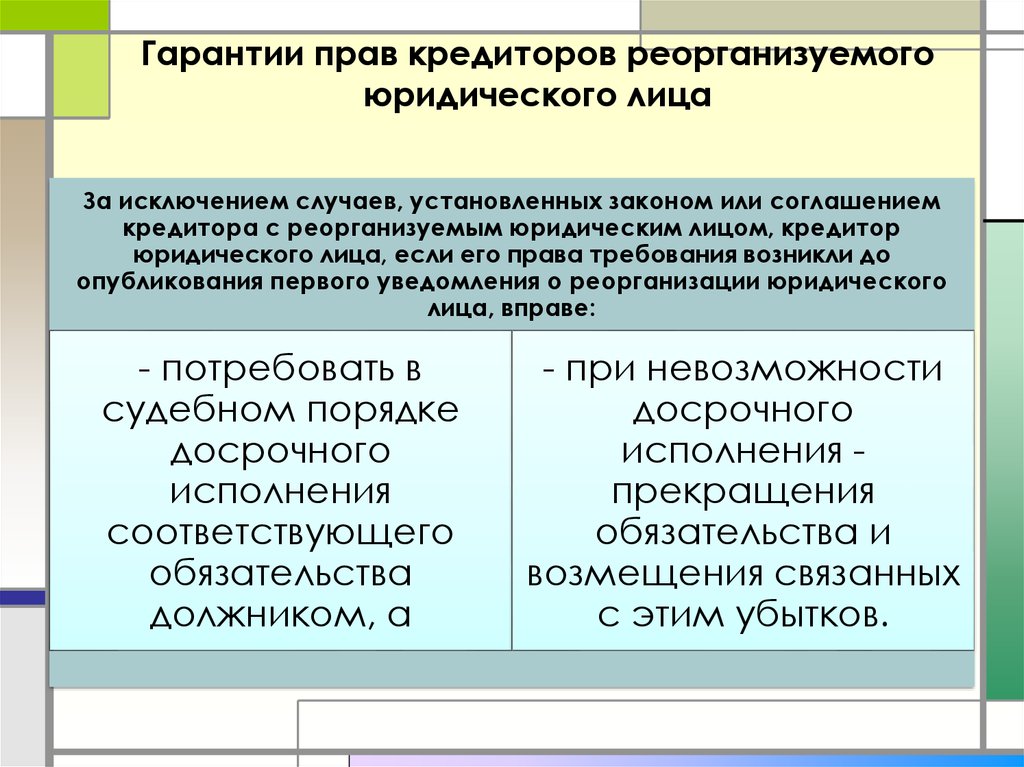 Юридическое лицо вправе. Гарантии прав кредиторов при реорганизации. Гарантии прав кредиторов реорганизуемого юридического лица. Гарантии прав кредиторов при ликвидации юридического лица. Гарантии прав кредиторов при реорганизации юридического лица.