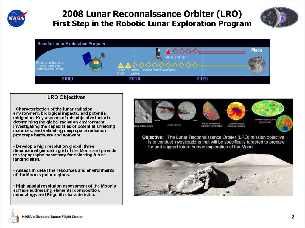 2008 Lunar Reconnaissance Orbiter (LRO) First Step in the Robotic Lunar Exploration Program