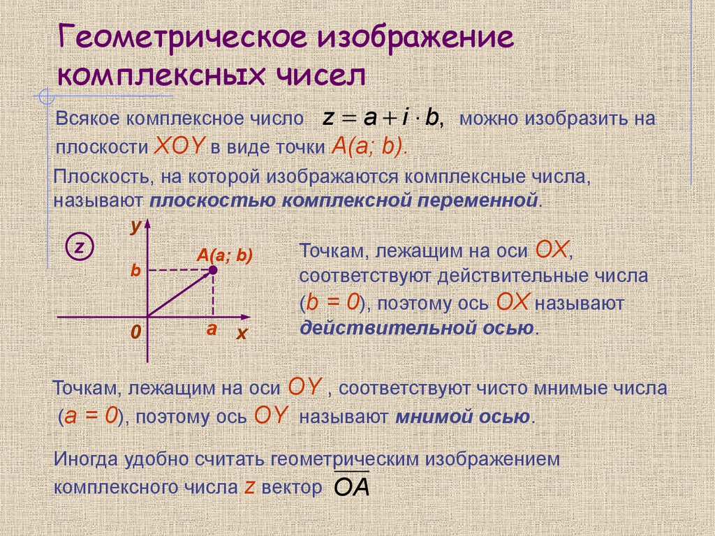 5 мнимых. Изображение комплексных чисел на комплексной плоскости. Геометрическое представление комплексных чисел. Геометрический смысл комплексного числа. Координаты комплексного числа.