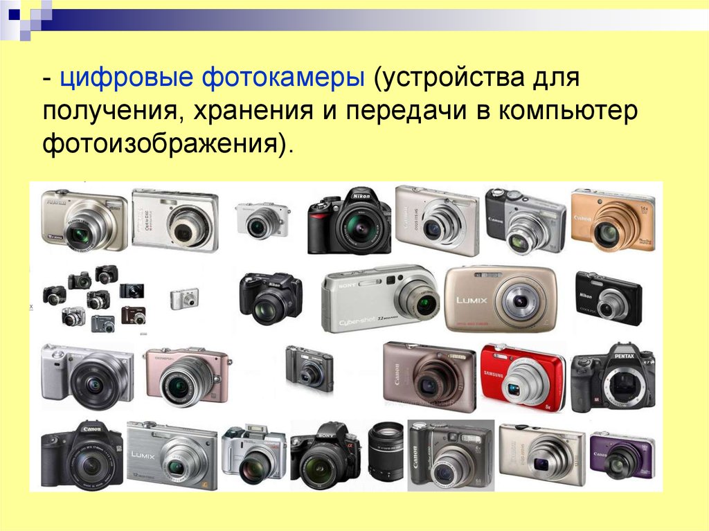 - цифровые фотокамеры (устройства для получения, хранения и передачи в компьютер фотоизображения).