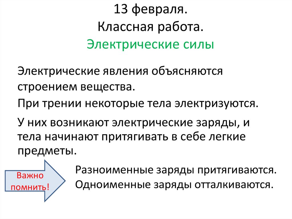 13 февраля. Классная работа. Электрические силы  