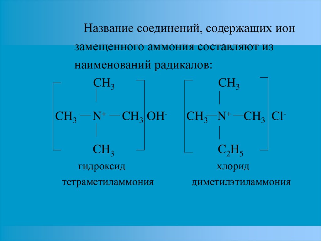 Название соединений, содержащих ион замещенного аммония составляют из наименований радикалов: CH3 CH3 CH3 N+ CH3 OH- CH3 N+ CH3