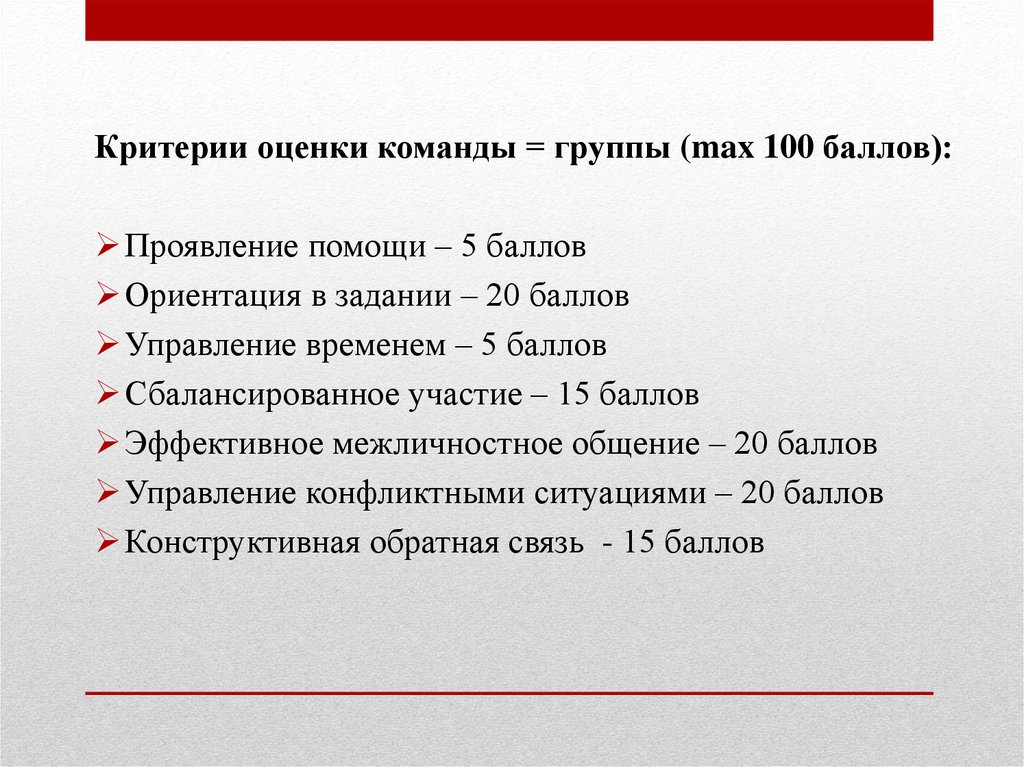 Оценка участников. Критерии оценки команды.