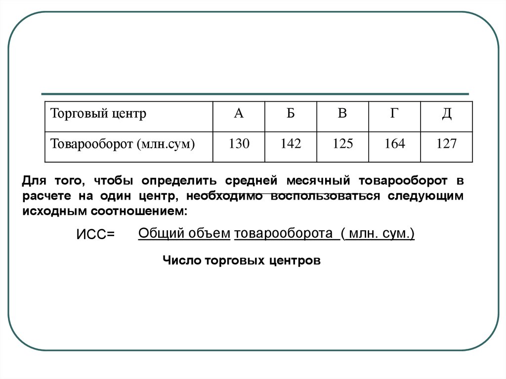 Среднее по величине число. Определите среднюю величину св. Определить средний объем продаж калькулятор. Как определить средний месячный товарооборот. Как определить средний месячный товарооборот в расчете на один центр.