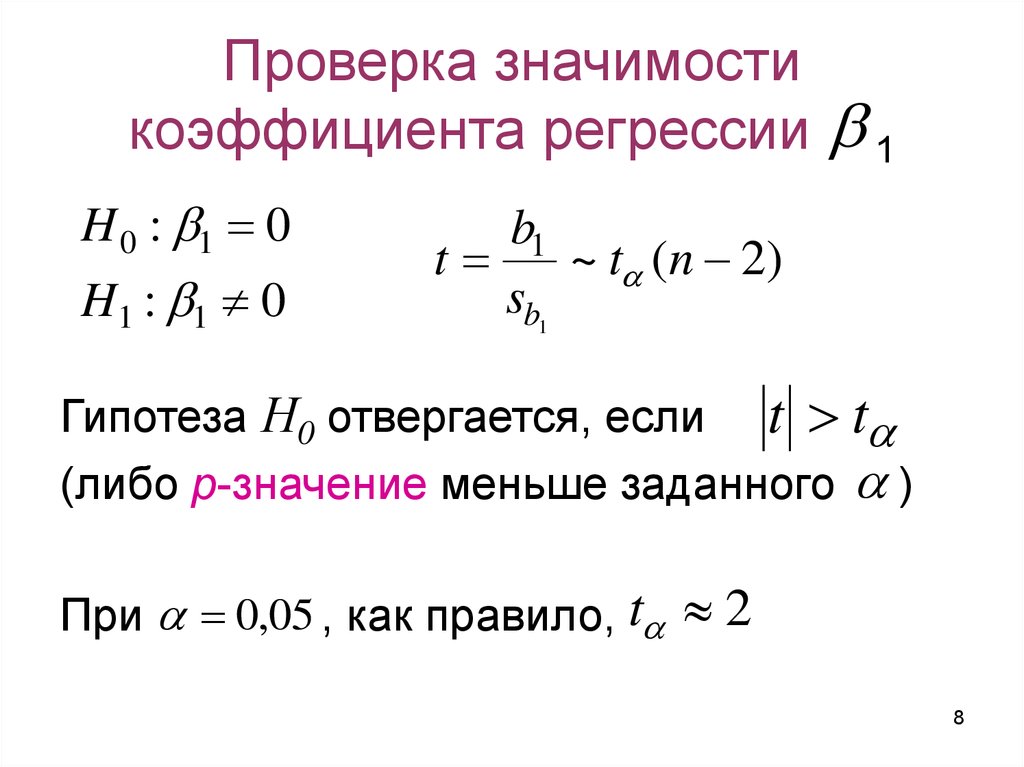 Коэффициенты модели. Формула значимости коэффициента регрессии. Тест на значимость коэффициента регрессии. Схема проверки гипотез о значимости коэффициентов регрессии. Стат значимость коэффициентов регрессии.