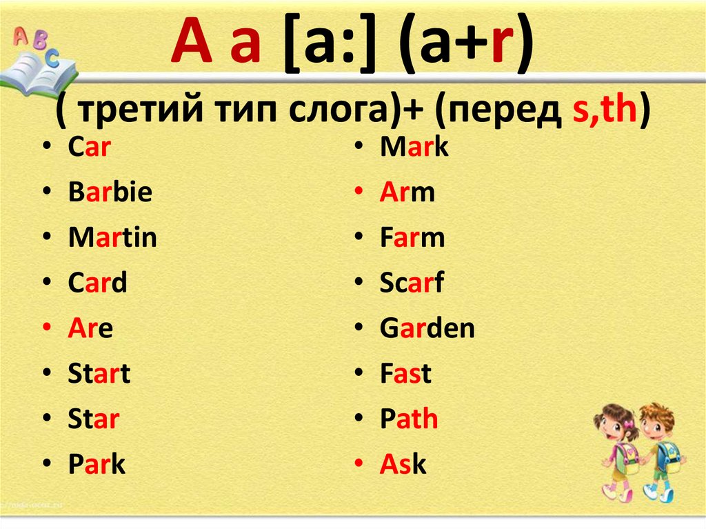 A a [a:] (a+r) ( третий тип слога)+ (перед s,th)