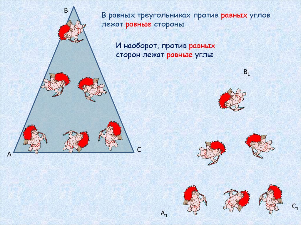 В треугольнике против равных сторон лежат. Против равных сторон треугольника лежат равные углы. Против равных углов лежат равные стороны. В равных треугольниках против равных сторон лежат равные стороны. В равных треугольниках против равных углов лежат равные.