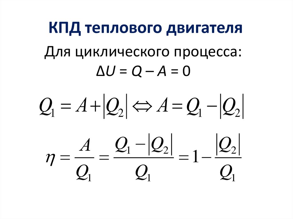 Для циклического процесса: ΔU = Q – A = 0