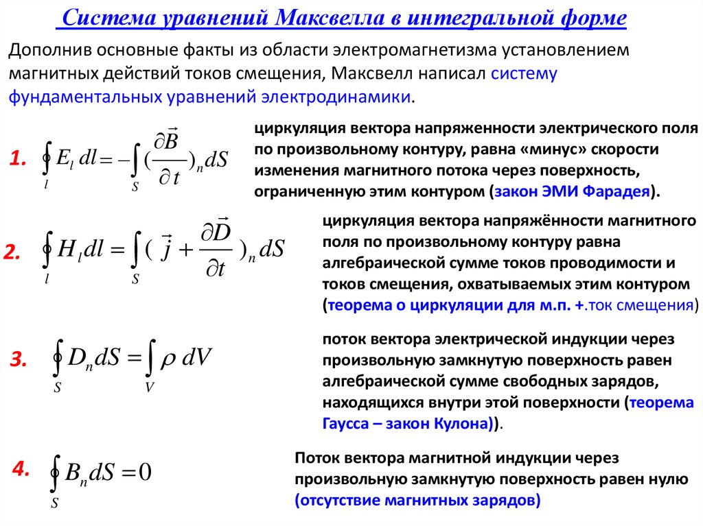 Физический смысл уравнения. Система уравнений электромагнитного поля в интегральной форме. Уравнения Максвелла для электромагнитного поля. Система уравнений Максвелла в интегральной форме. Уравнения Максвелла в интегральной форме.