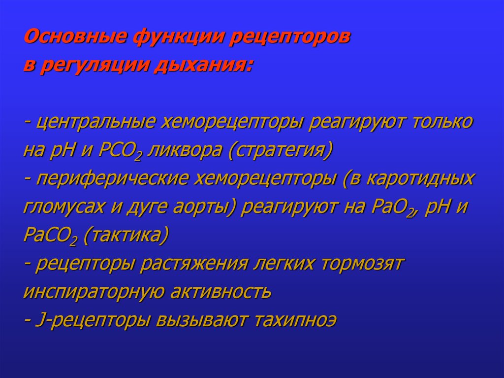 Основные функции рецепторов в регуляции дыхания: - центральные хеморецепторы реагируют только на рН и РСО2 ликвора (стратегия)