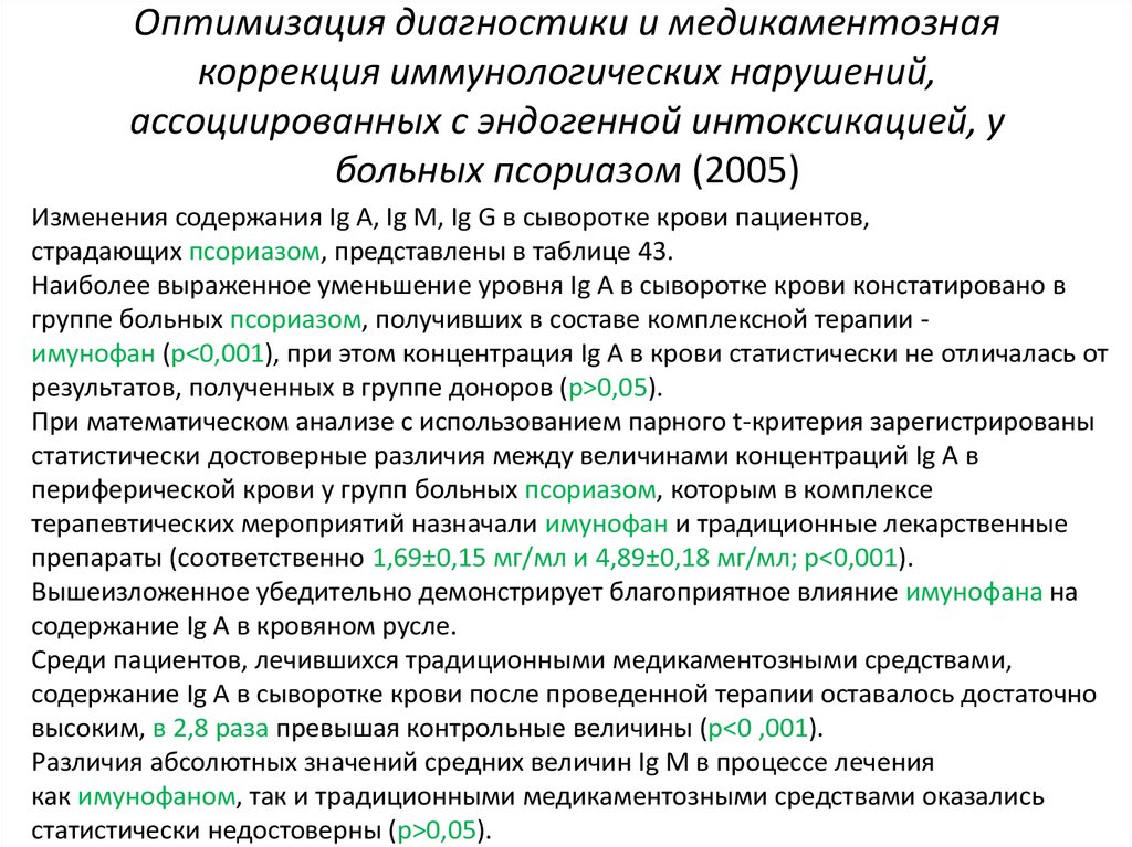 Оптимизация диагностики и медикаментозная коррекция иммунологических нарушений, ассоциированных с эндогенной интоксикацией, у
