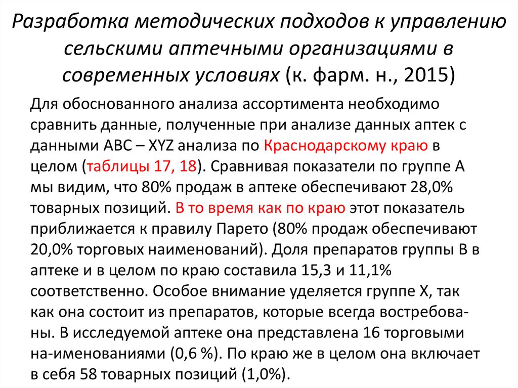 Разработка методических подходов к управлению сельскими аптечными организациями в современных условиях (к. фарм. н., 2015)