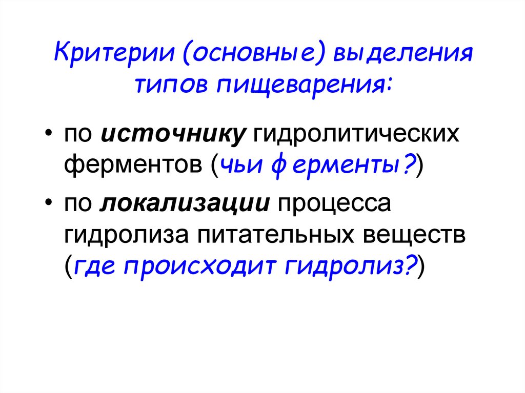 Критерии выделения типов. По источнику ферментов пищеварение. Типы пищеварения. Типы пищеварения по локализации гидролиза. Типы пищеварения по источнику ферментов.