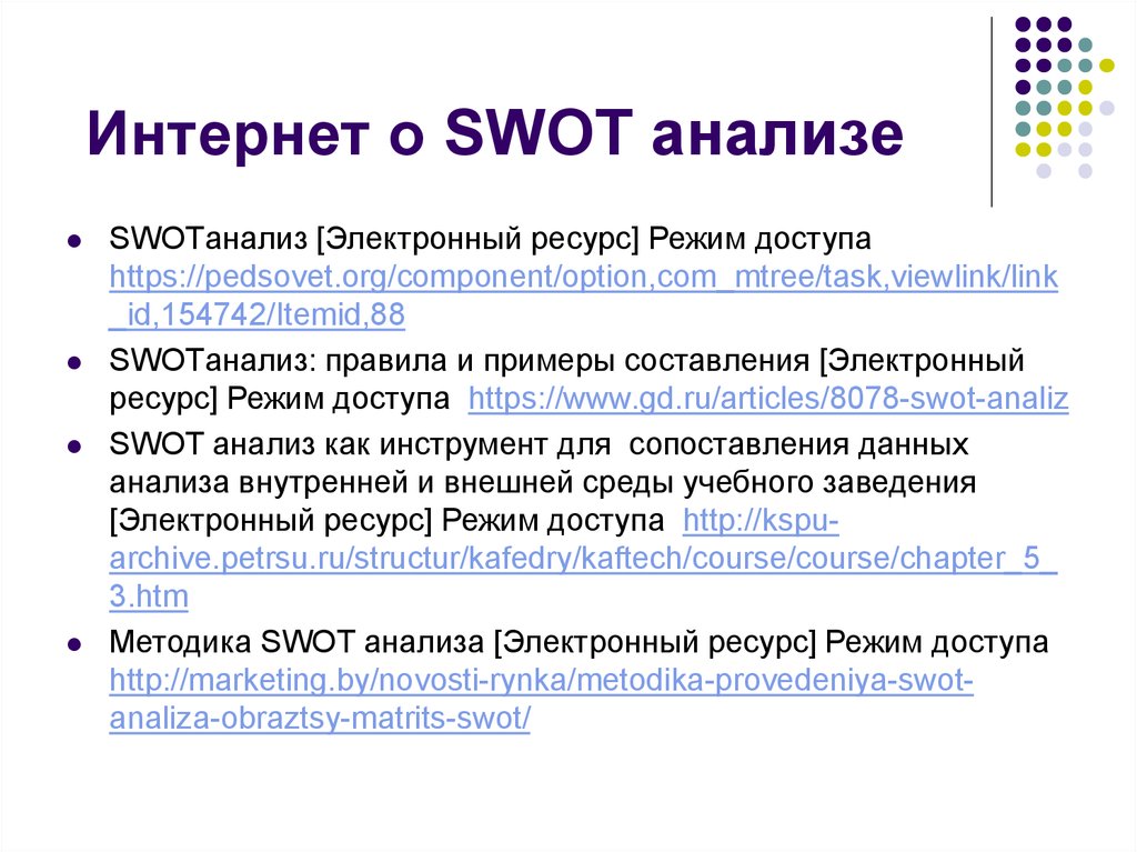 Электронный ресурс режим. Вывод по SWOT анализу. Электронный ресурс режим доступа. Метод анализ интернет ресурсов. Как электронные ресурсы делятся по режиму доступа.