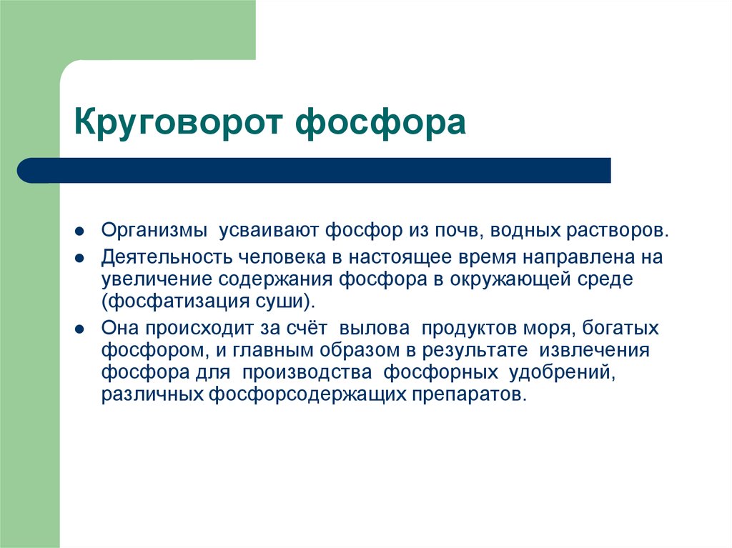 Фосфор в почве. Почвенный фосфор. Деятельность человека и круговорот фосфора. Фосфатизация суши.