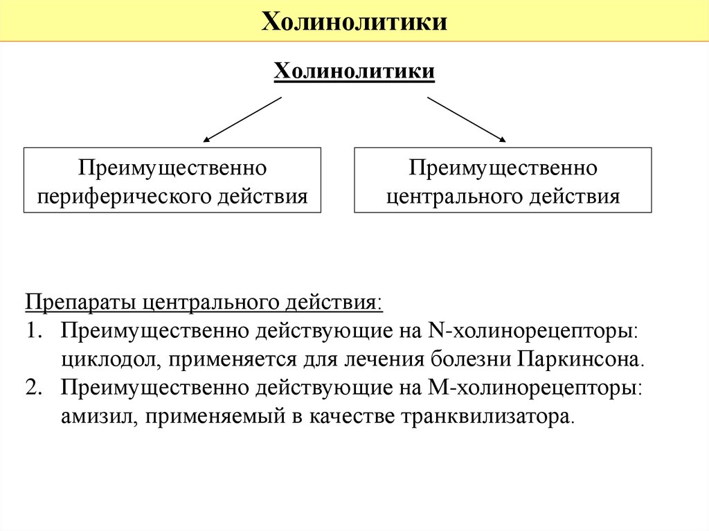 1 большей частью. Холинолитики центрального действия. Центральные холинолитики препараты. Холинолитики периферического действия. Центральные холинолитики механизм действия.